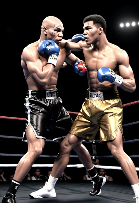 two boxers fighting. ultra define Mike Tyson with black shorts and Muhammad Ali with whit shorts. full body, drawn in artstation style 8 k