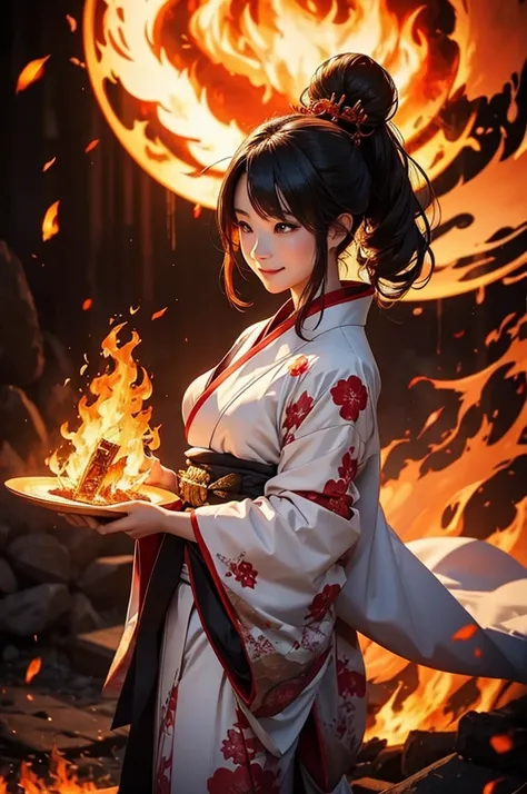 A beautiful woman in a kimono smiles as she makes a contract with a fire demon against the backdrop of a fire magic circle