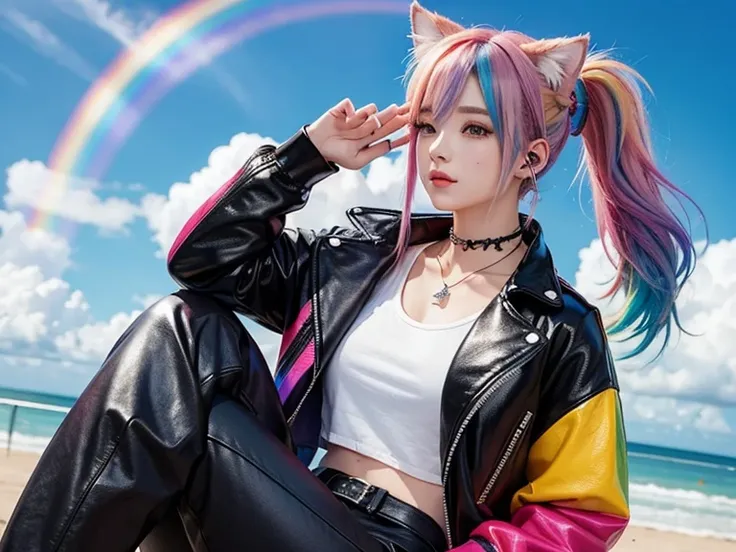 Flowers、Rainbow Hair、Headphones、Cat ear、Seven-colored hair、leather jacket，Flowers and sky background、Young face、Huge 、ponytail、first round、necklace、jewelry、Tank top、whole body、between legs