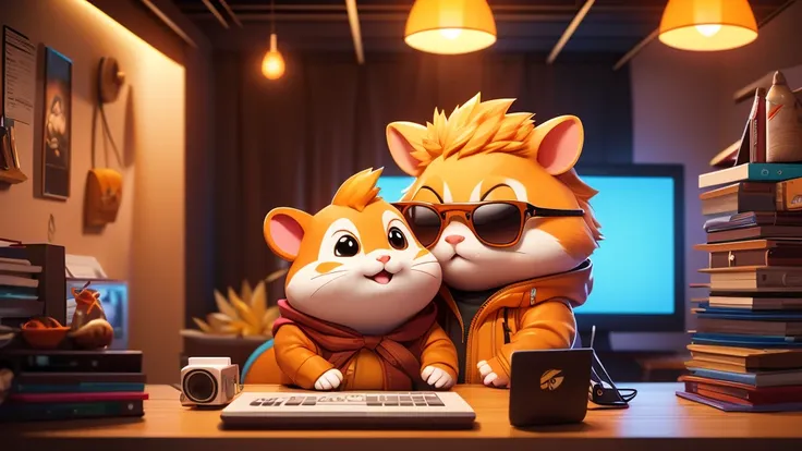 Hamtaro , a tall handsome charismatic orange hamster geek , wearing a suite and sunglasses , sitting at a table with a laptop and a microphone, unsplash, realism, , in a streamer studio room, neon ambiance , looking to camera, portrait shot 8 k, photo port...