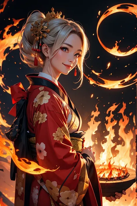 A beautiful woman in a kimono smiles as she makes a contract with a fire demon against the backdrop of a fire magic circle