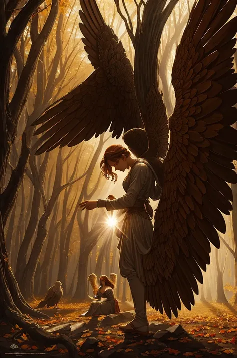 Recreate the image of a fallen angel in a medieval fantasy setting. The scene should convey a feeling of mystery and solemnity.

Image Elements:

Personagens Principais:

fallen Angel: An angel with partially destroyed wings. Wear elaborate and detailed Re...