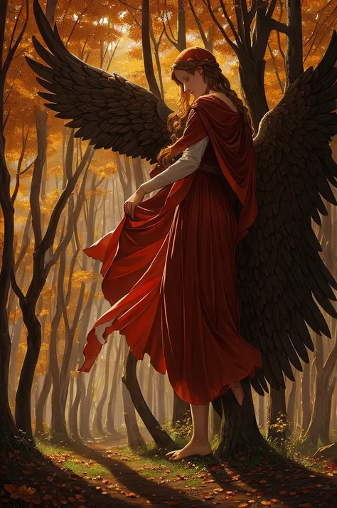 Recreate the image of a fallen angel in a medieval fantasy setting. The scene should convey a feeling of mystery and solemnity.

Image Elements:

Personagens Principais:

fallen Angel: An angel with partially destroyed wings. Wear elaborate and detailed Re...