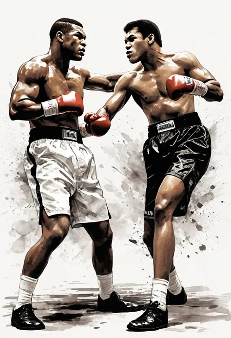 two boxers fighting. ultra define Mike Tyson with black shorts and Muhammad Ali with whit shorts. full body, drawn in attestation style HD