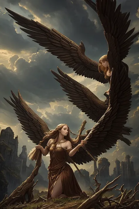 Recreate the image of a fallen angel with damaged wings in a medieval fantasy setting, using the Renaissance style. Center the angel in detailed Renaissance costumes and use the chiaroscuro technique for dramatic contrast. Add a smaller human figure watchi...