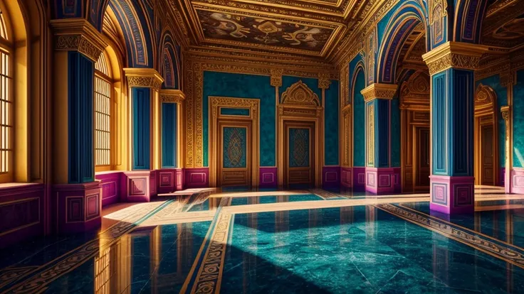 Beautiful murals in the palace. Walking through the halls of the Palace of Atlantis，Admire the exquisite murals，Learn the legendary story. shot at 8k resolution, Each mural is a masterpiece of color and composition. Lighting enhances vitality, Cast soft sh...