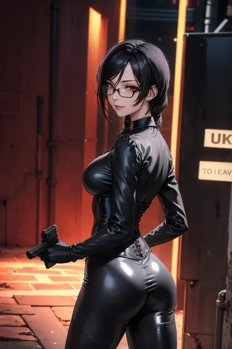 1 woman, standing, with seductive expression, loving smile, view from behind, perfect ass, detailed eyes, pose sexy, long black hair, his super detailed glowing eyes, Full lips painted red, chiseled physique and wide hips.  glasses, choker:1.6, (long sleev...