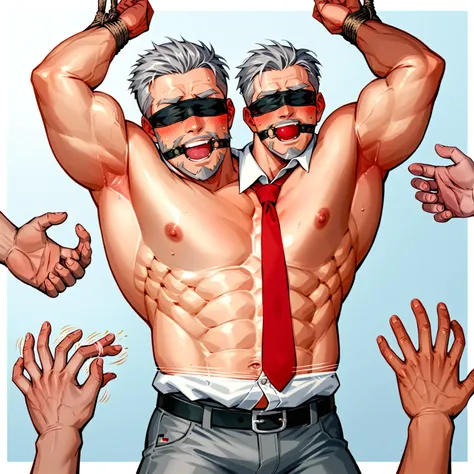 , grey haired bearded handsome muscular man wearing an open button White shirt and red tie and grey pants laughing,gagged ,hands above head tied up, blindfolded, blushing face, , armpits tickling by hands, ribs tickling by hands, armpits scratched by hands...