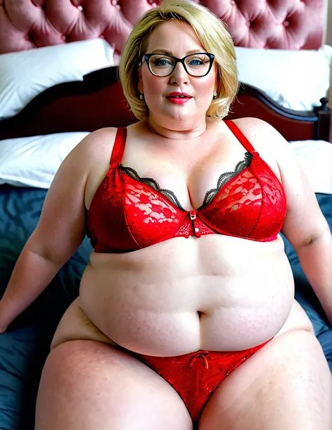 extremely detailed, high quality, realistic, photorealistic, 8k, masterpiece, full body, glowing skin, beautiful face, mature woman, open legs, over 50 short blonde hair, lot of freckle on her whole body, freckle everywhere, glasses, extreme obese, red lac...