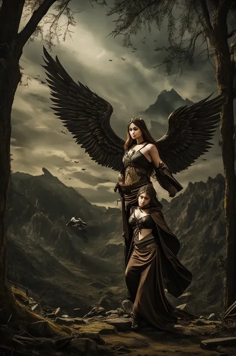 Recreate the image of a fallen angel with damaged wings in a medieval fantasy setting, using the Renaissance style. Center the angel in detailed Renaissance costumes and use the chiaroscuro technique for dramatic contrast. Add a smaller human figure watchi...