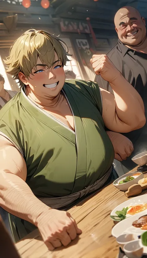 Adult guy, very short blonde hair, blue eyes, smile, fat guy, green kimono, kimono pants, sleeveless, Drunken Master, Masterpiece, best quality, Full HD, 8k, ultra details, great graphic