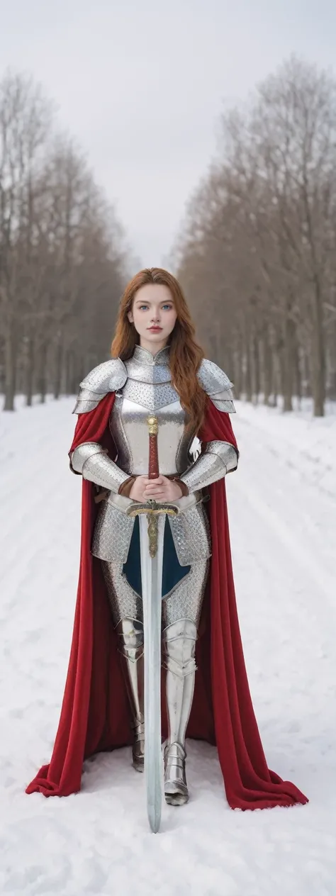 realistic,score_9, score_8_up, score_7_up, 
hyper detailed, ultra detailed, uhd, beautiful girl, perfect anatomy, perfect body, model, stylish pose, wearing full plate body fantastic armor with cape, holding huge crystal sword, snowy medieval road, (random...