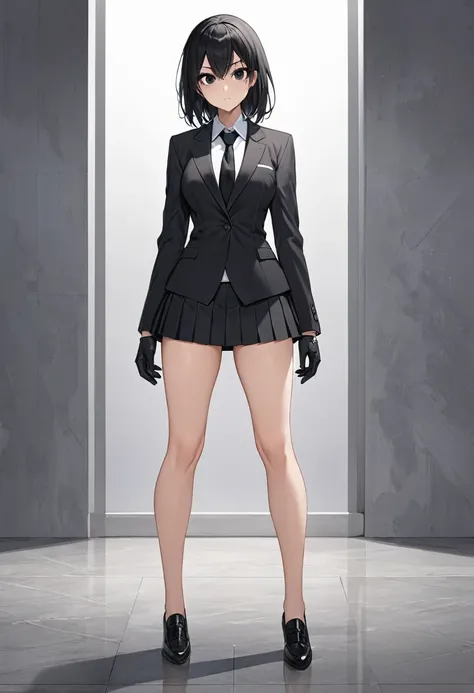 the greatest masterpiece , Black miniskirt , pleated skirt , thighs , bare legs , black hair , black eyes , Black gloves , black shoes , shorts blazer , dress shirt , business attire , black long tie , face , standing posture , shot , whole body , assassin