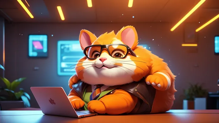 a close up of a tall orange and white hamster, looking like a model , cute face with fat cheeks, dressed in a suit and sunglasses, furry art, looking heckin cool and stylish, , big chungus boss, neon dark room background, sitting at a table with a laptop a...