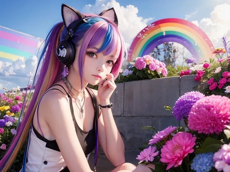 Flowers、Rainbow Hair、Headphones、Cat ear、Seven-colored hair、leather jacket，Flowers and sky background、Young face、Huge 、ponytail、first round、necklace、jewelry、Tank top、whole body、between legs