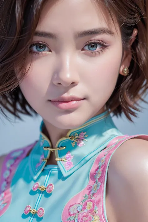 (best quality、4k、8k、highres、 masterpiece:1.2)、ultra detailed、(realistic、photorealistic)、(1woman:1.3 22-year-old)、brown_eyes、((Fujicolor、daytime soft lighting)、fashion supermodel、(short curly hair)、(pink_makeup:1.2)、BREAK (Classic and sexy blue cheongsam、 D...