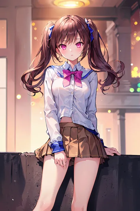 ((One Girl)), (Twin tails), Brown Hair, Great face and eyes, Pink Eyes, (Amazingly beautiful girl), Brown Hair, (expensive , Pleated mini skirt:1.5), ((Highest quality)), (Super detailed), (Highly detailed CG synthesis 8k wallpaper), expensively detailed, ...