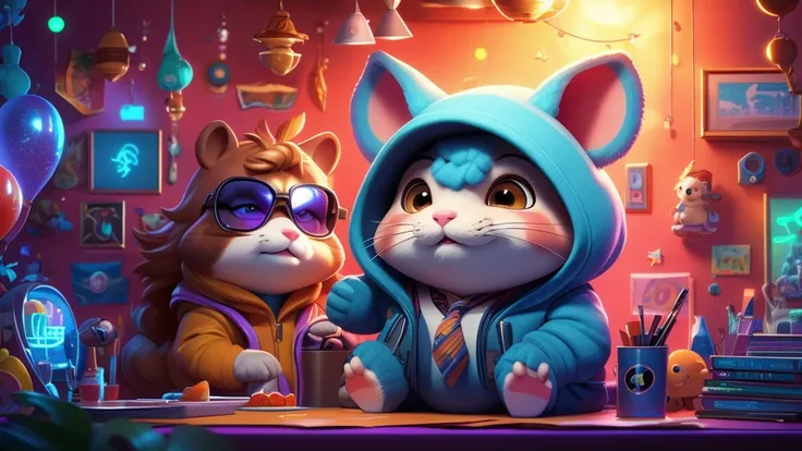 a close up of a tall  hamster, looking like a model ,facing the viewer , 
 cute face with fat cheeks, dressed in a suit and sunglasses, furry art, looking heckin cool and stylish, , big chungus boss, neon dark room background, sitting at a table with a lap...