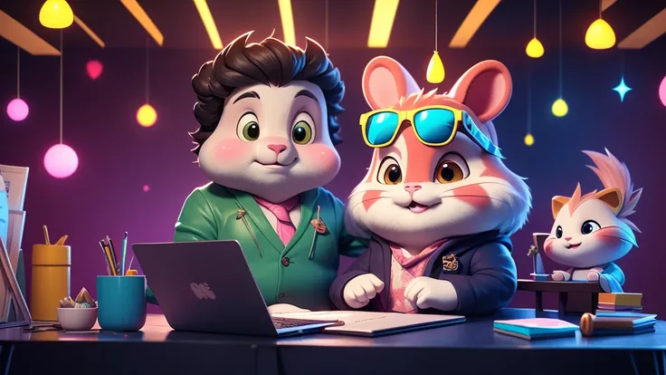 a close up of a tall  hamster, looking like a model ,facing the viewer , 
 cute face with fat cheeks, dressed in a suit and sunglasses, furry art, looking heckin cool and stylish, , big chungus boss, neon dark room background, sitting at a table with a lap...