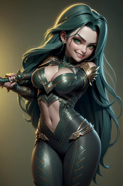 gorgeous  woman, warrioress, with futuristic sword wrapped in dark structure, green leds, Beautiful girl, Waist slender, imponent pose, Grinning,sexly, extreme extravagant necklines