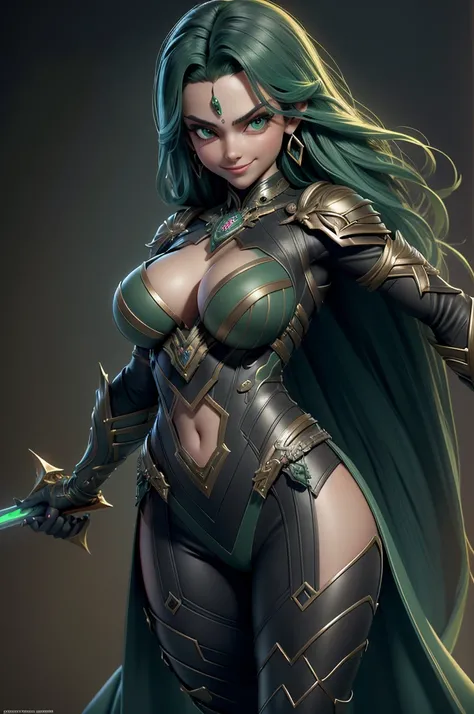 gorgeous  woman, warrioress, with futuristic sword wrapped in dark structure, green leds, Beautiful girl, Waist slender, imponent pose, Grinning,sexly, extreme extravagant necklines