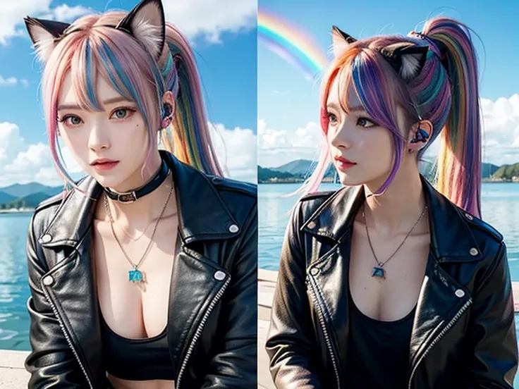 Flowers、Rainbow Hair、Headphones、Cat ear、Seven-colored hair、leather jacket，Lakeside and sky background、Young face、Huge 、ponytail、first round、necklace、jewelry、Tank top、whole body、between legs