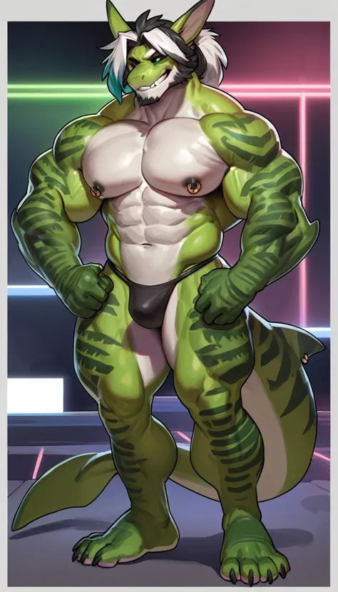 bara shark, large hairy pecs, strong physique, tribal tattoos, black samurai hair in ponytail, colored eyes, white highlights, neon green skin, black countershade, glowing details, anthro, plump pecs, strong physique,colored samurai hair, black sclera, neo...