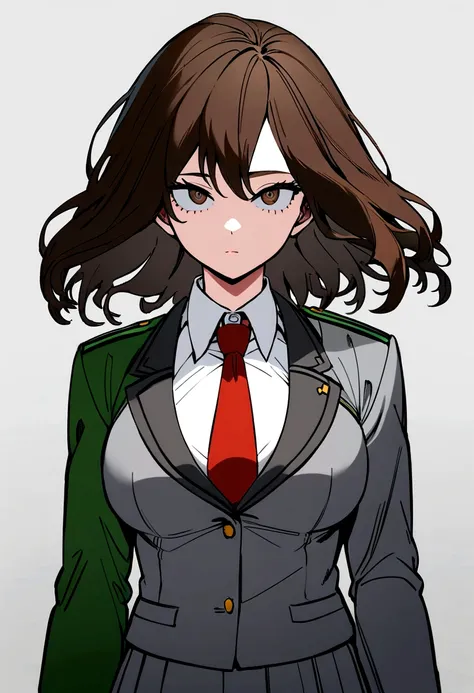 My hero academia style girl with medium long brown broken hair, with a silver lock on the left side,medium large eyes, with a flirtatious and challenging look, Brown eyes , UA uniform gray jacket with green details, white shirt red tie and gray skirt with ...