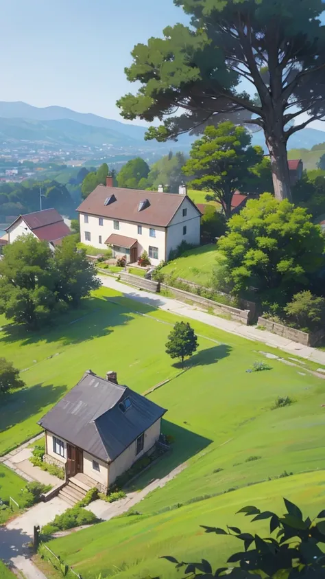 A hilly scene and a house at corner of hill with a tree