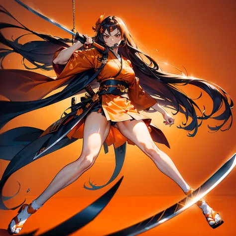 Dynamic configuration、((Perspective Lens, Woman with long hair,  Dynamic poses with serious and mean expressions, Swinging something large with both hands, Long Japanese sword )) ((Pure Orange Background:1.2)),Anime Style、Fine grain、Perfectly toned body、sh...