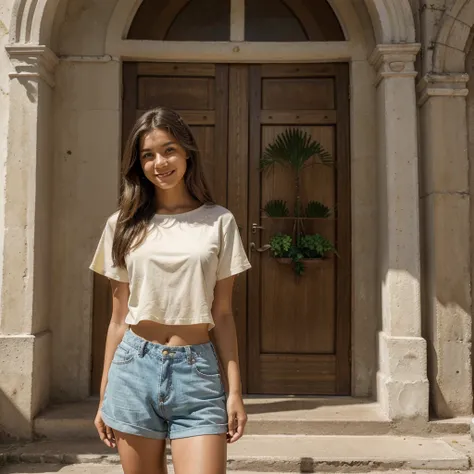 an 18 year old Brazilian girl, with light skin, long brown hair, and brown eyes. Mariana is posing in front of a church in Independência, Ceará. She is smiling slightly at the camera, wearing a light blouse and casual shorts, suitable for the hot climate o...