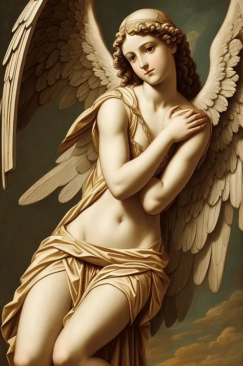 Create an image of a fallen angel in the Renaissance style. Center angel with damaged wings and detailed Renaissance attire, in a solemn and introspective pose. Blur the angel&#39;s face to add an air of mystery. Use the chiaroscuro technique for a dramati...