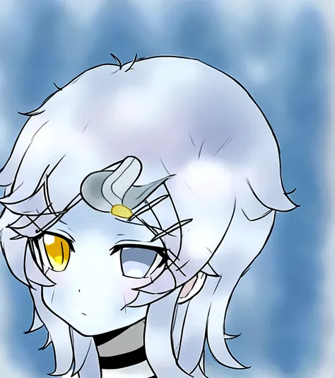 anime angel face, light blue skin, one beautiful yellow eye with a broken halo and white wavy hair with bangs parted in the middle