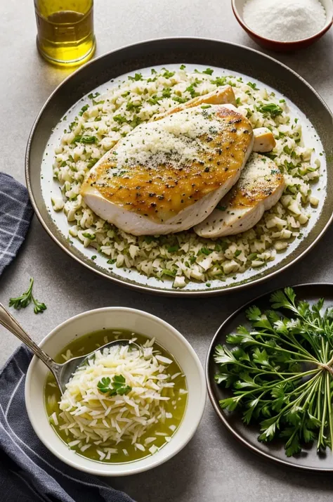 An image showing the following ingredients: 1 chicken breast, 2 cloves of garlic, minced, ½ lemon juice, ½ cup chicken broth, 1½ tablespoons olive oil, 1 tablespoon butter, salt and pepper, chopped fresh parsley