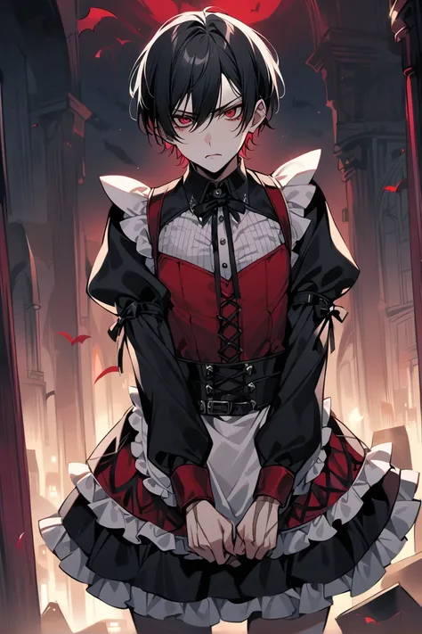 anime girl in a red and black dress with a knife in her hand