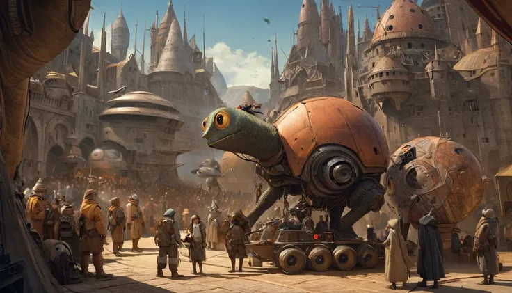 In portrait, characters inspired by the Start Wars universe by Ralph McQuarrie and Dan McPharlin, Wayne Barlowe in a Middle Ages setting, such as peoples interacting with robots, exotic alien beings, inspired by Hieronymus Bosch and Shaun Tan. Directed by ...