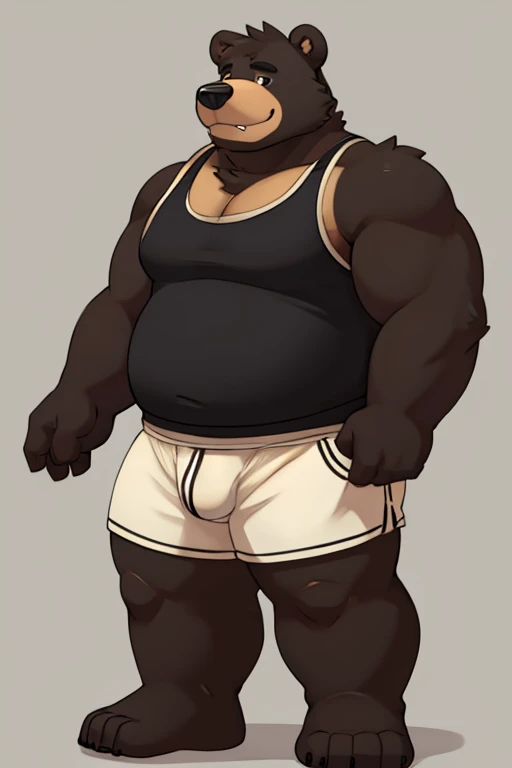 A black chubby anthropomorphic bear with a snagle tooth wearing, a tanktop and boxers, full body, solo,