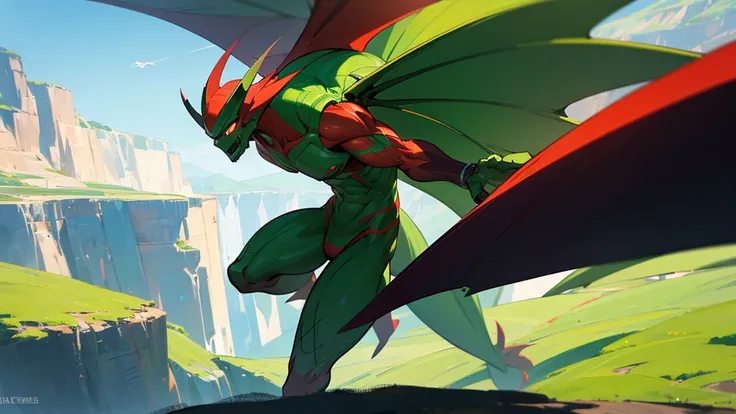 red and green muscular alien in front of camera, green planet, walking, perspective, cliffs in the background, dragon wings on back
