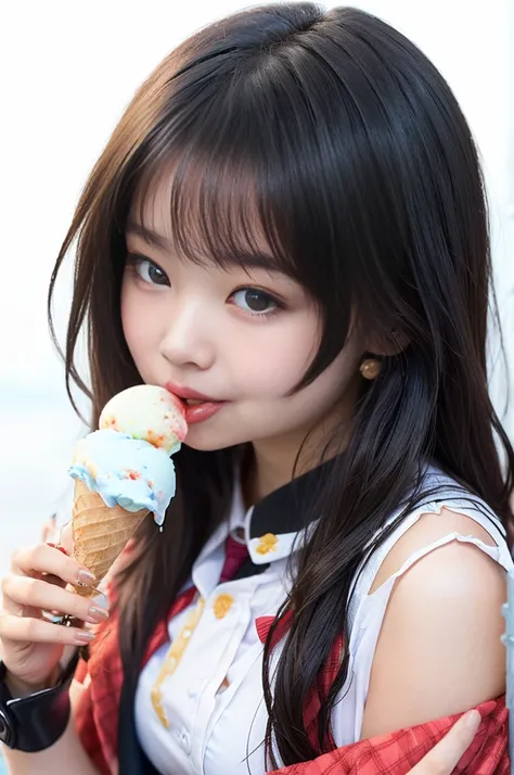 （8K、Raw photography、Highest quality、masterpiece：1.2),(Black Hair、Dark Eyes:1.9),(High school girls、school uniform:1.6)、View your audience,Viewed from the front,White skin,(Sticking out tongue、Licking ice cream:1.7)、(Tight waist:1.6)、(Clothes that accentuat...