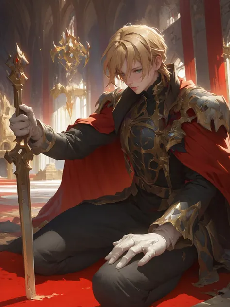 anime-style image of a man in a red cape sitting on a red carpet, portrait of the magical blonde prince, zerochan art, inspired ...