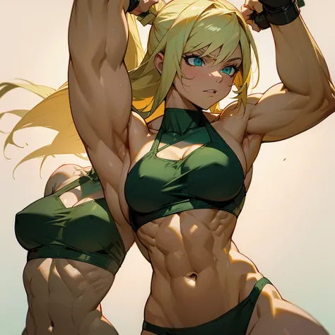 Muscular woman with bleached blonde hair in dark green bikini flexing her arms 