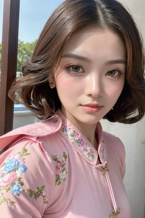 (best quality、4k、8k、high-res、 masterpiece:1.2)、ultra detailed、(realism、photorealistic)、(1woman:1.3 22-year-old)、brown_eyes、((Fujicolor、daytime soft lighting)、fashion supermodel、(long curly hair)、(pink_makeup:1.2) BREAK blue cheongsam (Classic and sexy、Deta...