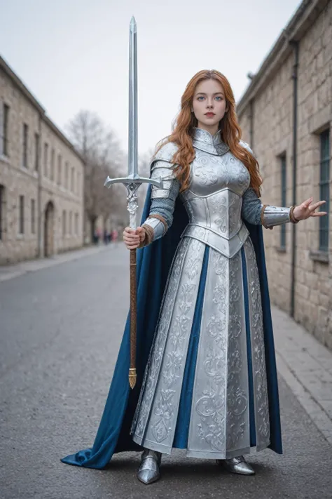 realistic,score_9, score_8_up, score_7_up, 
hyper detailed, ultra detailed, uhd, beautiful girl, perfect anatomy, perfect body, model, stylish pose, wearing full plate body fantastic armor with cape, holding huge crystal sword, snowy medieval road, (random...