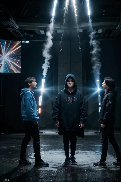 Photograph of two wizards facing each other, two teenagers in the middle, two teenagers are a girl and a boy, the two wizards facing each other are the wizard in a blue cold sweatshirt on the left side and the wizard in a black cold sweatshirt on the right...