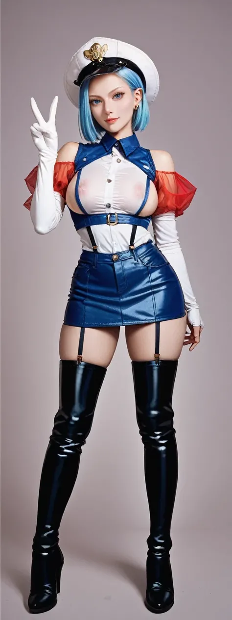 realistic,score_9, score_8_up, score_7_up,1girl,solo,looking at viewer,standing,cowboy shot,large breasts,blue hair,thigh gap,see-through,elbow gloves,garter belt,thigh boots,white headwear,Give a V victory sign,android 18,SideBoob,