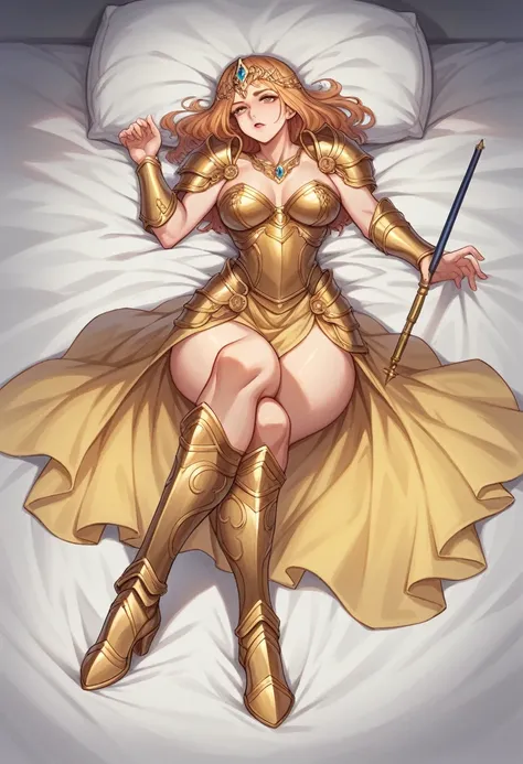 Woman in a golden sheer lace nightdress, lying on ones side on bed、crossed legs、The Queens Wand、True Art Station, Rainstorm site, detailed fantasy art, Stunning character art, Beautiful and exquisite character art, Beautiful golden armor, Extremely detaile...