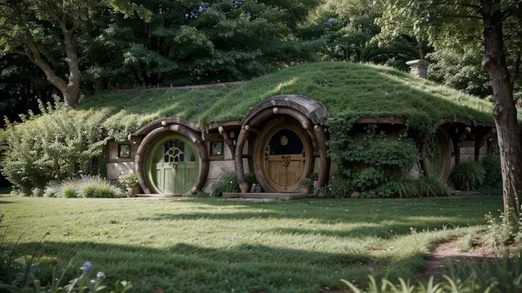 Hobbit homes into land, Shire, Lord of the rings, landscape, peaceful serene, relaxing