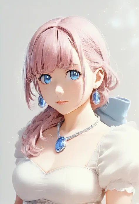 masterpiece, Highest quality, figure, Sax Blue, Platinum Earrings, Platinum Necklace, White Dress, ((Highest quality)), ((masterpiece)), (detailed), ((Perfect Face)),Lilia, One Girl、Pink Hair、blue eyes、黒いレースのWhite Dress、large pink ribbon on the chest、One g...