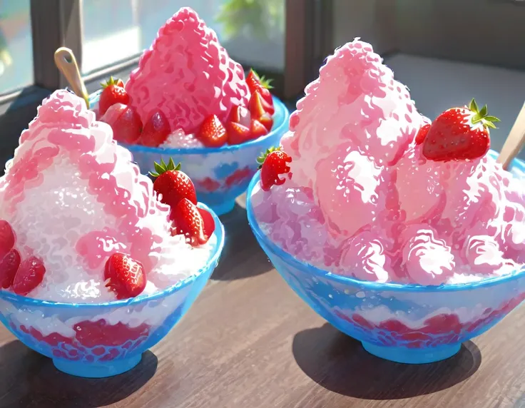 shaved ice in a glass bowl、strawberry shaved ice、vanilla ice、two little sisters stuff their mouths with wooden spoons