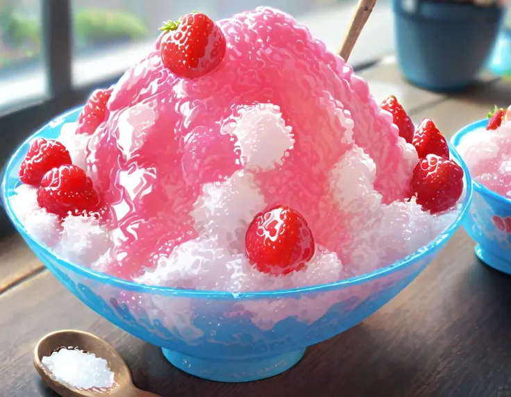 shaved ice in a glass bowl、strawberry shaved ice、vanilla ice、two little sisters stuff their mouths with wooden spoons